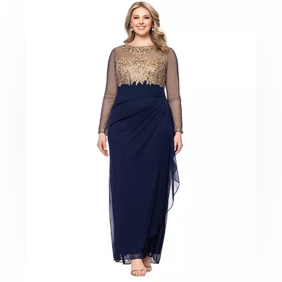 Xscape Long Sleeve Dress with Navy and Gold Accents - Picture 3 of 6